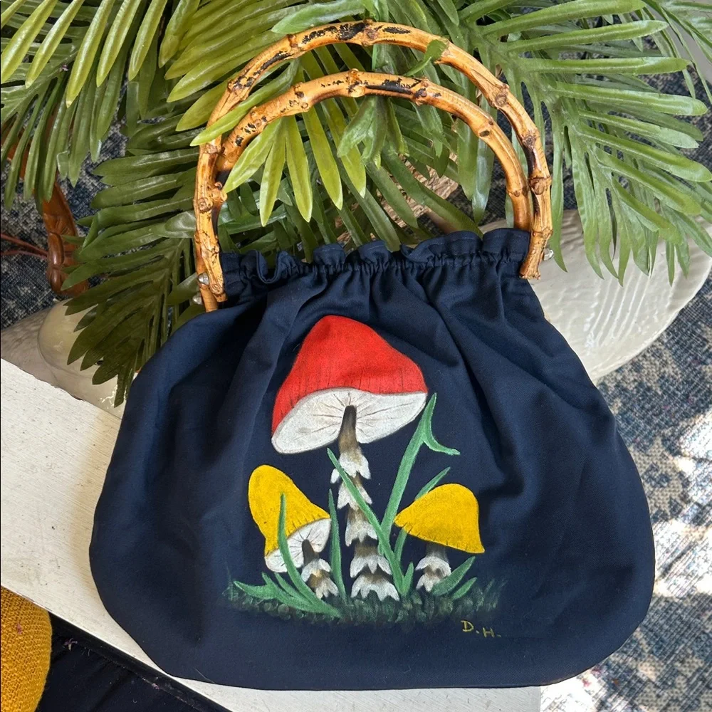 Vintage Blue Mushrooms Bag w Bamboo Handles - Picture 3 of 9